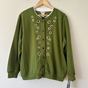 Sunflower Green Embroidered Button-Up Cardigan Sweatshirt